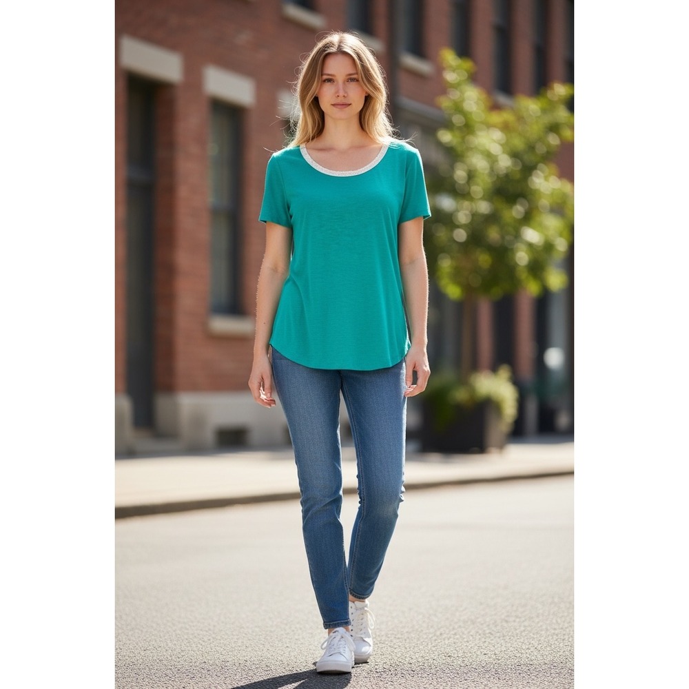 Chicos Weekends Teal Knit T-Shirt Silver Metallic Trim 100% Cotton 1 (M) NWT